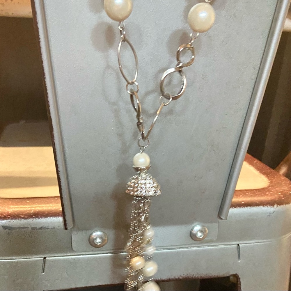✨ Long Silver Beaded Chain Necklace with Cluster Drop Pendant ✨
